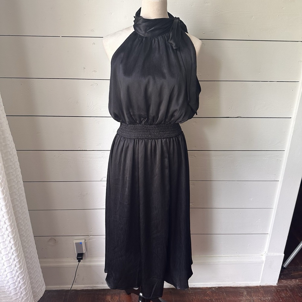 Pinch Black High Tie Neck Smocked Blouson Midi Dress L Chic Party Minimalist